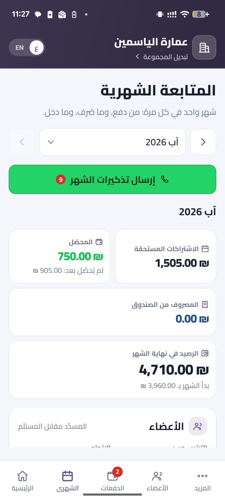 صفحة المتابعة الشهرية: كل عضو أمام كل شهر.